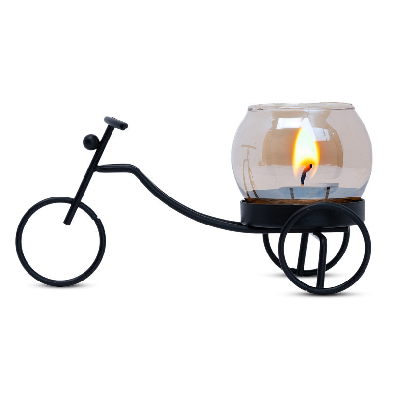 Vintage Iron Rickshaw Candle Holder With Glass Tealight Container, 3" Table, Desk, Altar Decor