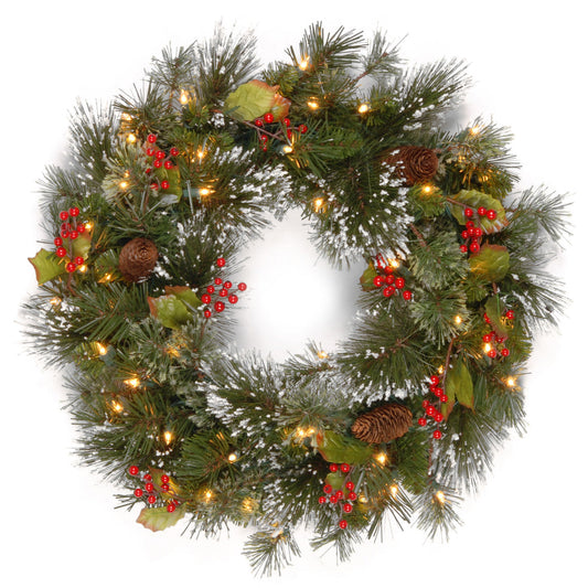 24 Inch Pre-Lit Wintry Pine Wreath with Clear LED Lights and Realistic Tips | USA Decoration®