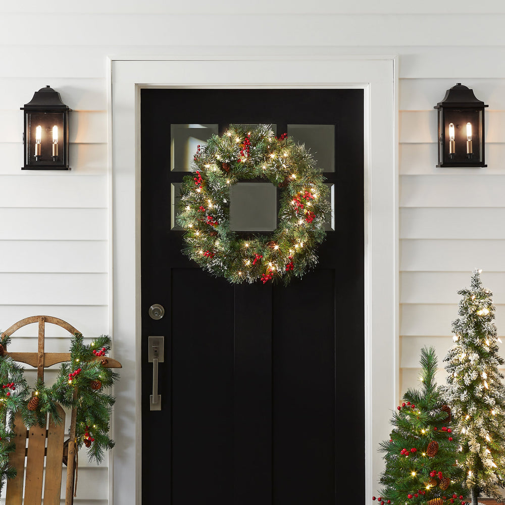 24 Inch Pre-Lit Wintry Pine Wreath with Clear LED Lights and Realistic Tips | USA Decoration®