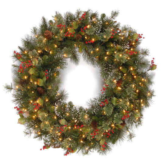 48 Inch Pre-Lit Wintry Pine Wreath with Clear Lights Red Berries Pinecones | USA Decoration®