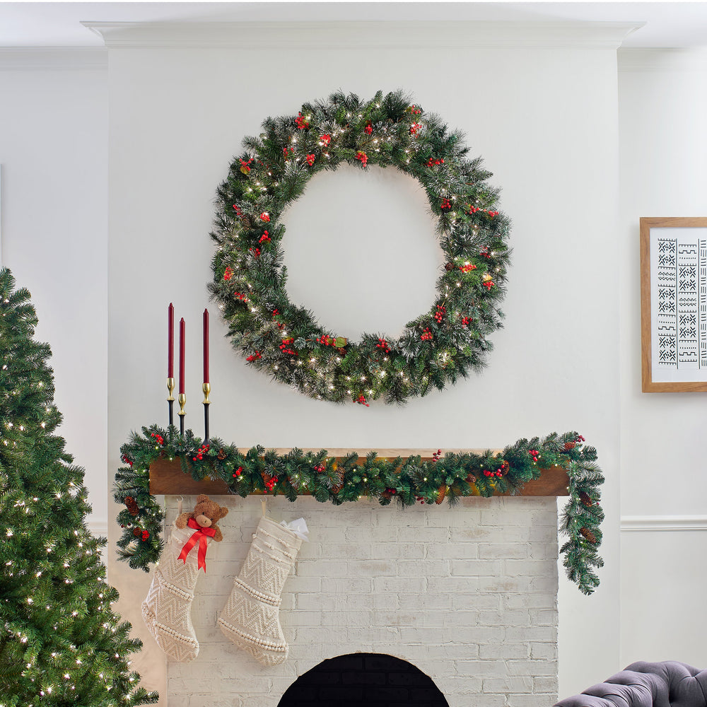 48 Inch Pre-Lit Wintry Pine Wreath with Clear Lights Red Berries Pinecones | USA Decoration®