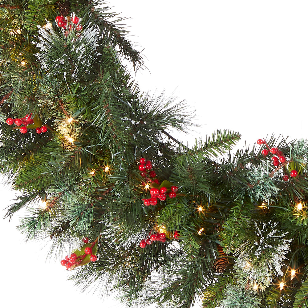 48 Inch Pre-Lit Wintry Pine Wreath with Clear Lights Red Berries Pinecones | USA Decoration®