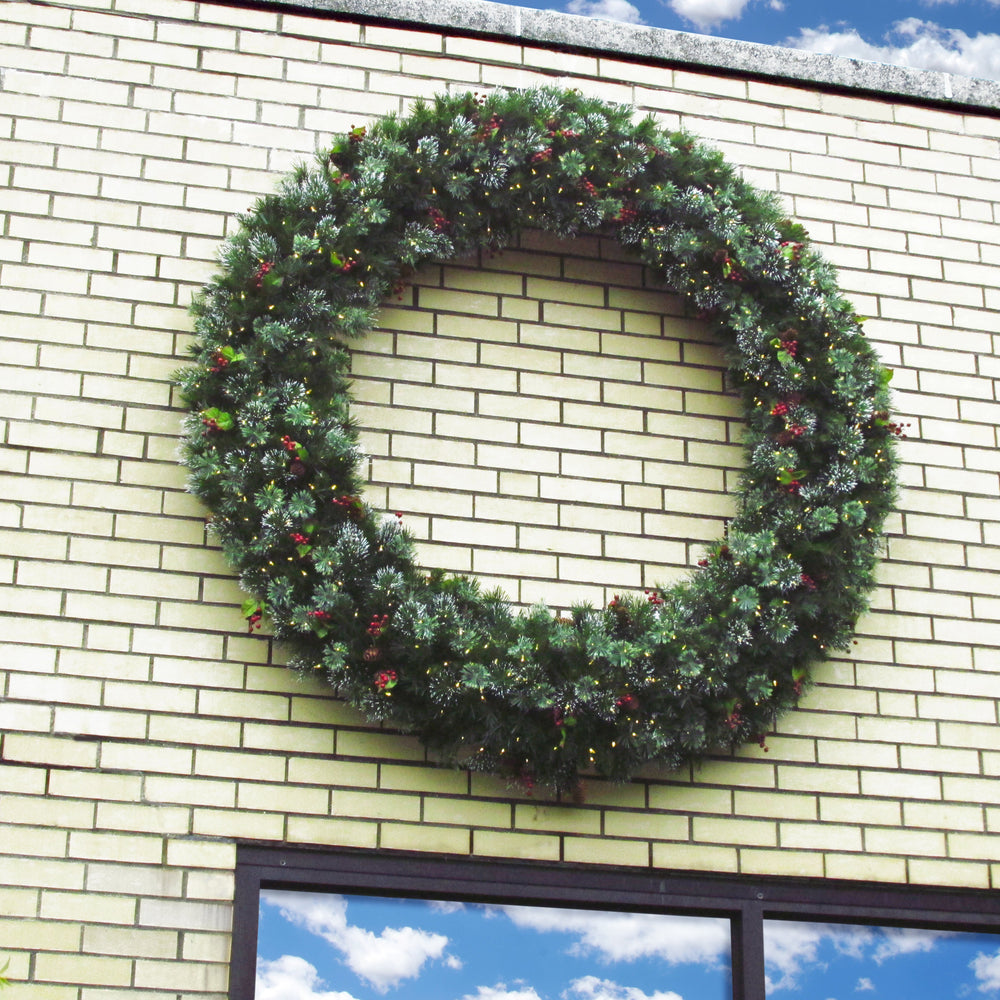 60 Inch Pre-Lit Wintry Pine Wreath with Clear Lights Pine Cones Berries | USA Decoration®