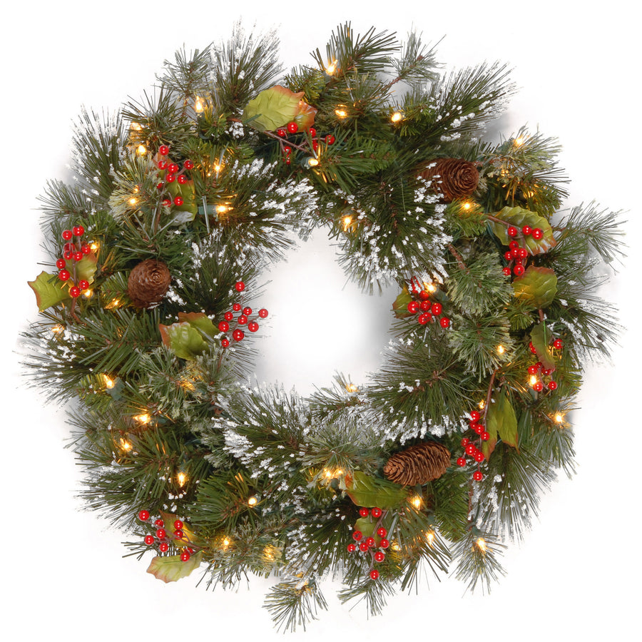 24 Inch Pre-Lit Wintry Pine Wreath with LED Lights Pine Cones Berries | USA Decoration®