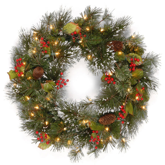 24 Inch Pre-Lit Wintry Pine Wreath with LED Lights Pine Cones Berries | USA Decoration®