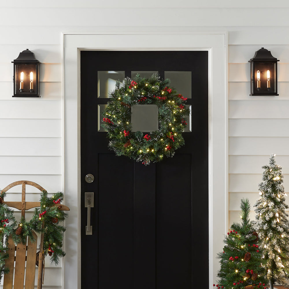 24 Inch Pre-Lit Wintry Pine Wreath with LED Lights Pine Cones Berries | USA Decoration®