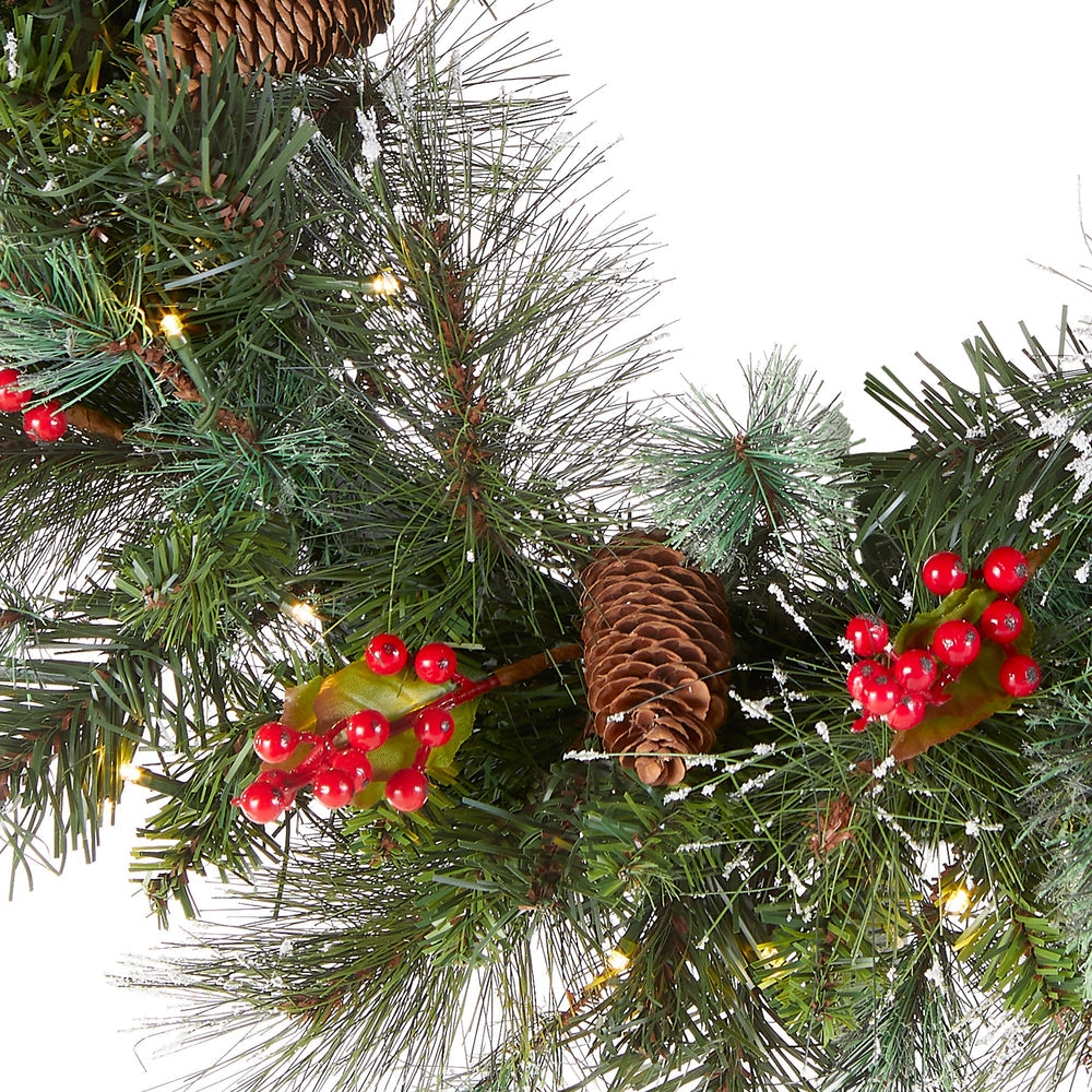 24 Inch Pre-Lit Wintry Pine Wreath with LED Lights Pine Cones Berries | USA Decoration®