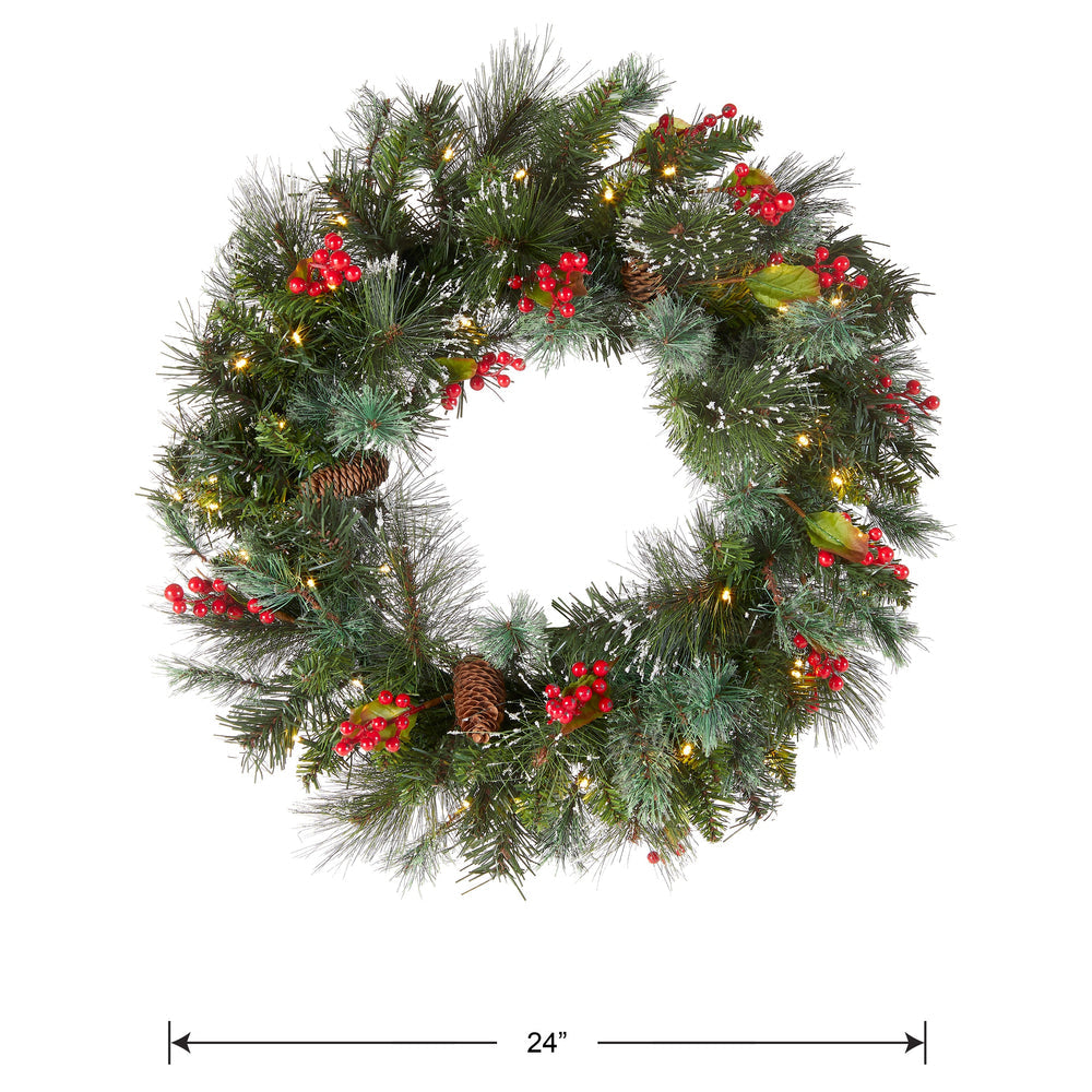 24 Inch Pre-Lit Wintry Pine Wreath with LED Lights Pine Cones Berries | USA Decoration®