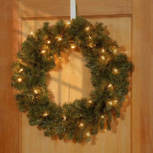 24 in. Pre-Lit Promotional Fir Wreath with Clear Lights Indoor & Outdoor Christmas Decoration | USA Decoration®