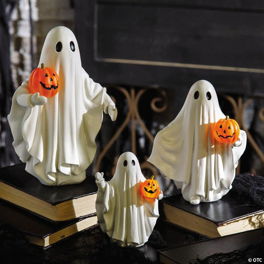 White Ghosts Holding Light-Up Jack-O'-Lanterns Resin Tabletop Decoration - 3 Pc.