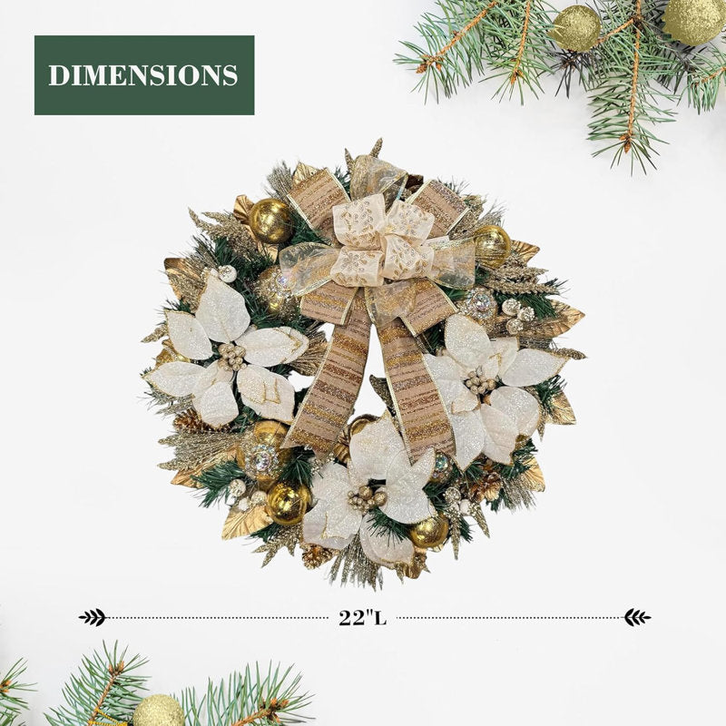 24" Pre-Lit Flocked Fir Christmas Wreath hung on a wooden door