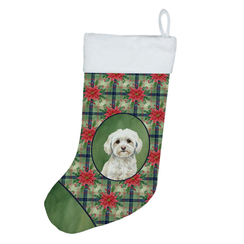 White Havanese Christmas PoinsettIas Holiday Stocking