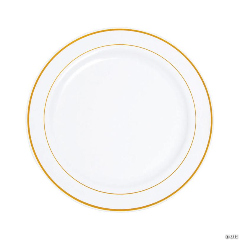 White Plastic Dinner Plates with Gold Trim - 25 Pieces | USA Decoration®