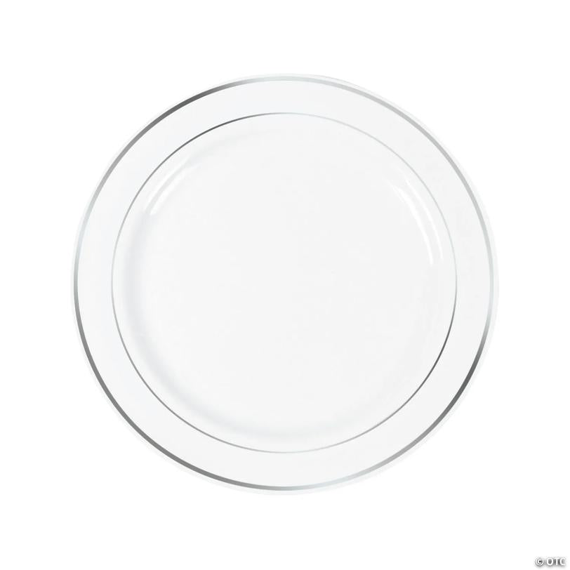 White Plastic Dinner Plates with Silver Trim - 25 Pieces | USA Decoration®