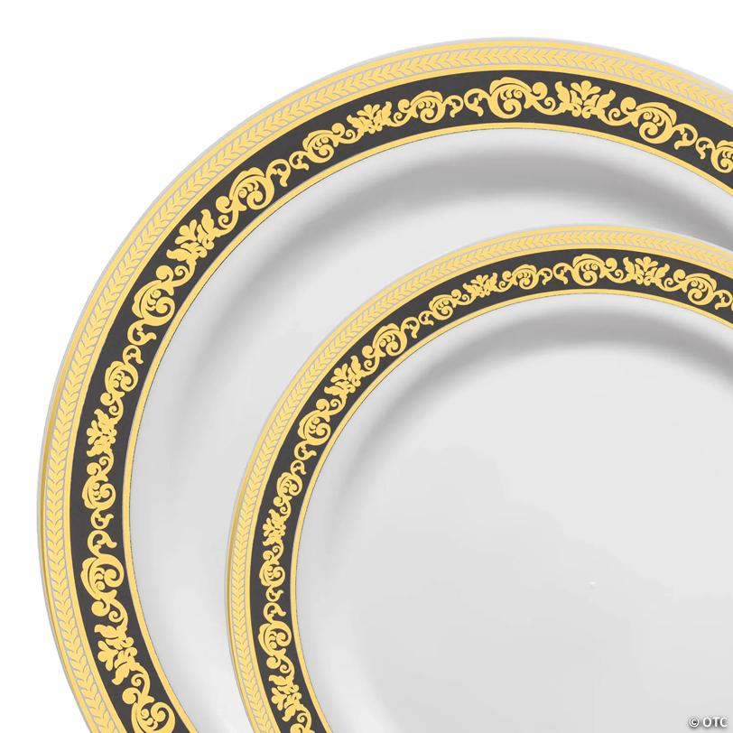 White with Black and Gold Royal Rim Plastic Dinnerware Value Set - 20 Dinner Plates + 20 Salad Plates | USA Decoration®