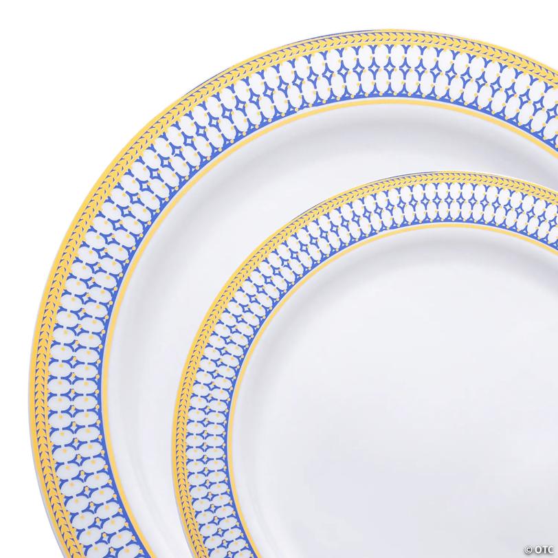 White with Blue and Gold Chord Rim Plastic Dinnerware Value Set - 20 Dinner Plates + 20 Salad Plates | USA Decoration®