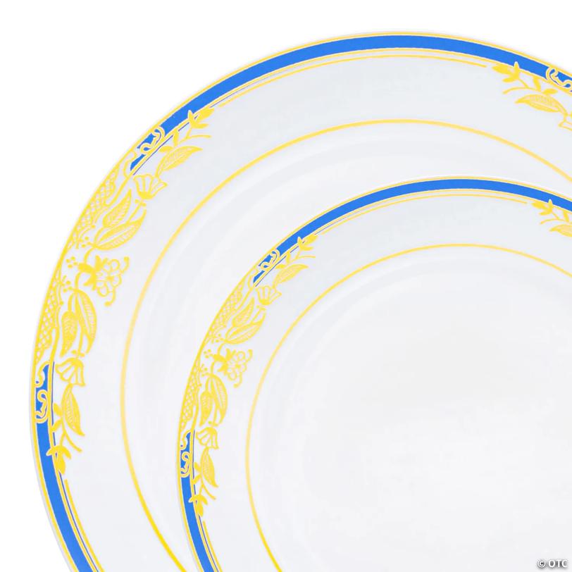 White with Blue and Gold Harmony Rim Plastic Dinnerware Value Set - 20 Dinner Plates + 20 Salad Plates | USA Decoration®