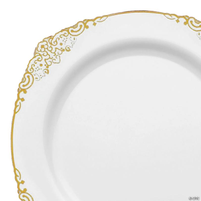 White with Gold Fancy Round Disposable Plastic Dinner Plates (10.25") - (60 Plates) | USA Decoration®