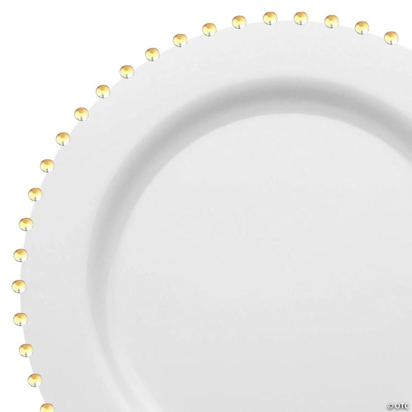 White with Gold Pearl String Round Disposable Plastic Dinner Plates (10") - (60 Plates) | USA Decoration®