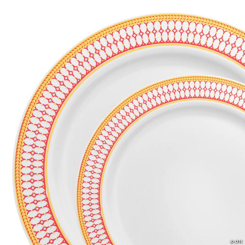White with Red and Gold Chord Rim Plastic Dinnerware Value Set - 20 Dinner Plates + 20 Salad Plates | USA Decoration®