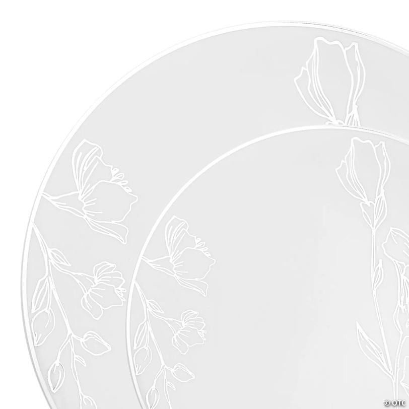 White with Silver Antique Floral Round Disposable Plastic Dinnerware Value Set - 20 Dinner Plates + 20 Salad Plates | USA Decoration®