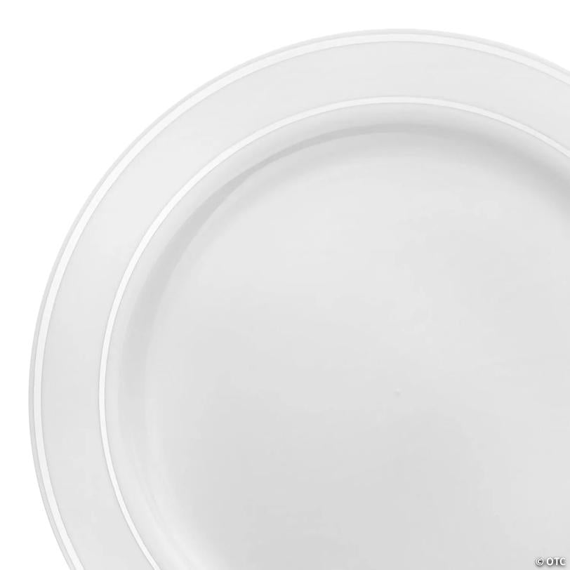 White with Silver Edge Rim Plastic Pastry Plates (6") - (60 Plates) | USA Decoration®