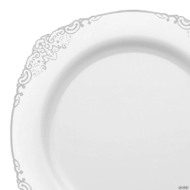 White with Silver Fancy Round Disposable Plastic Salad Plates (7.5") - (60 Plates) | USA Decoration®