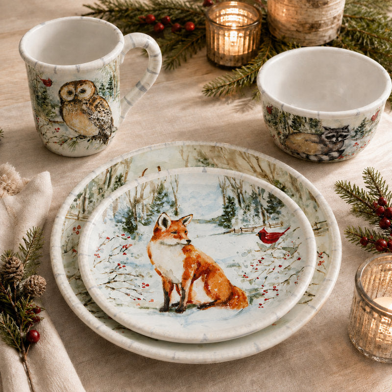 Winter's Walk 16-Piece Dinnerware Set â€“ Includes 4 Dinner Plates, 4 Dessert Plates, 4 Mugs, 4 Ice Cream Bowls â€“ Woodland Animal Design, Durable, Microwave & Dishwasher Safe â€“ Perfect for Holiday Dining