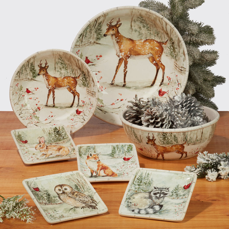 Winter's Walk 16-Piece Dinnerware Set â€“ Includes 4 Dinner Plates, 4 Dessert Plates, 4 Mugs, 4 Ice Cream Bowls â€“ Woodland Animal Design, Durable, Microwave & Dishwasher Safe â€“ Perfect for Holiday Dining