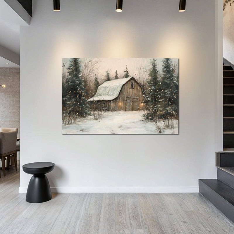 Winter Barn Wall Art - Snow Scene Winter Pictures Wall Decor, Winter Tree Canvas Wall Art for Living Room, Winter Forest Framed Wrapped Canvas Prints, 24Ã—32 inches
