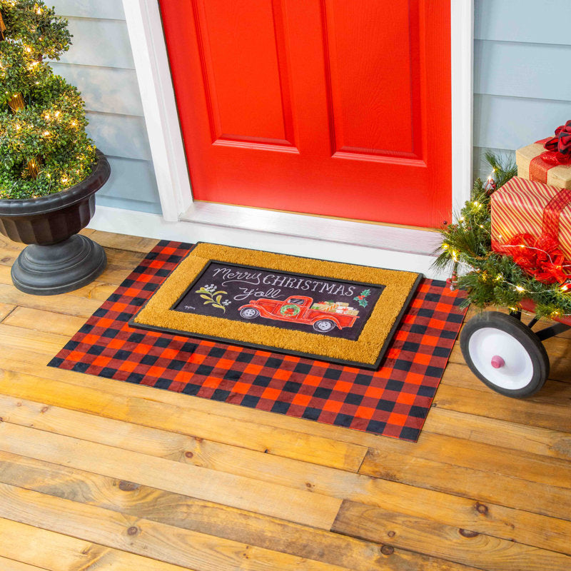 Winter Christmas Merry Christmas Y''all Red Truck Sassafras Switch 22 in. x 10 in. Non-Slip Outdoor Door Mat