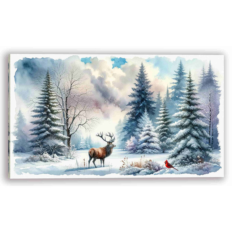 Winter Solitude: Majestic Elk and Cardinal in Snowy Landscape Canvas Art