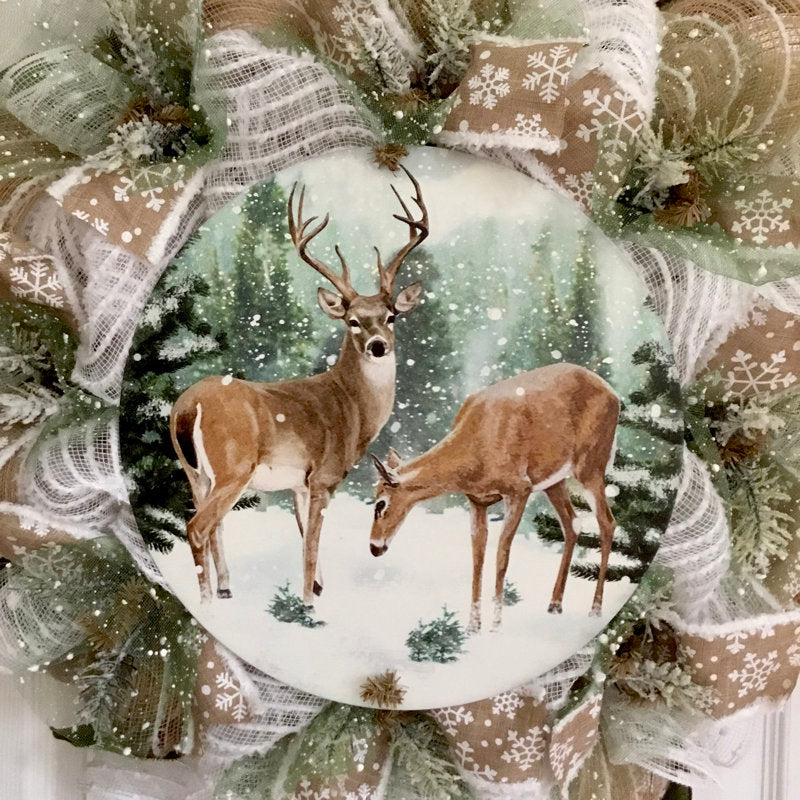 24" Pre-Lit Pine Christmas Wreath displayed on a front door