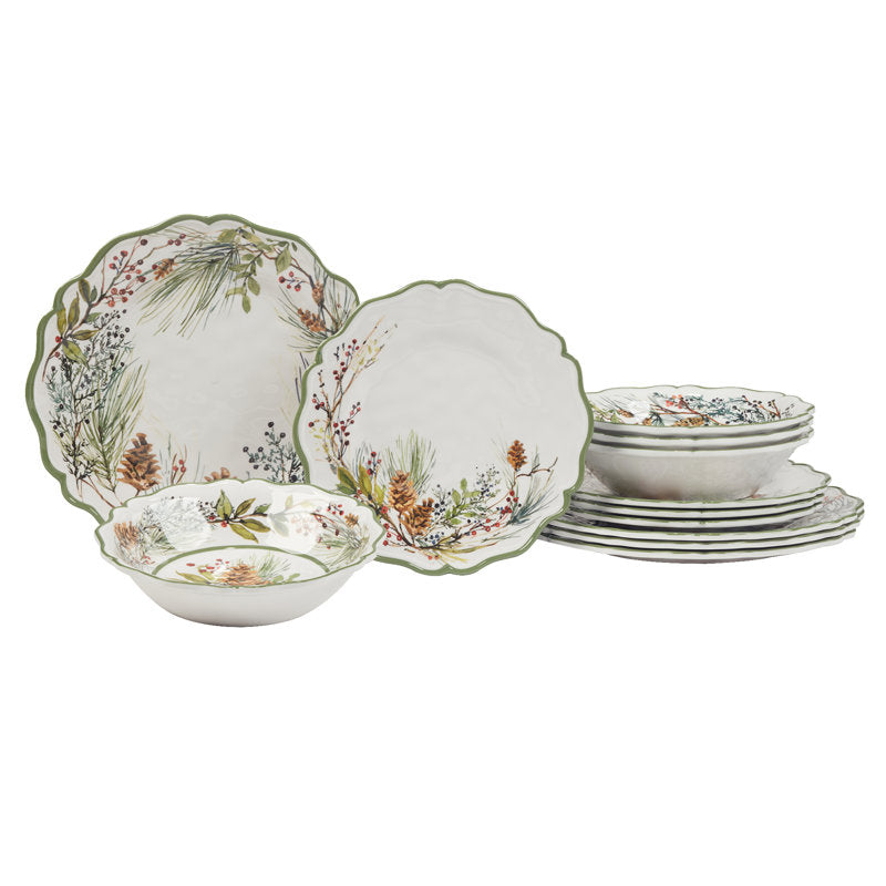 Winters Forest 12pc Melamine Dware Set 4-Dinner Plate 11" 4-Salad Plate 9" 4-Bowl 8.5" x 2"