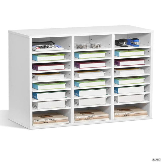 Wooden Literature Organizer 24 Compartments with Adjustable Shelves White