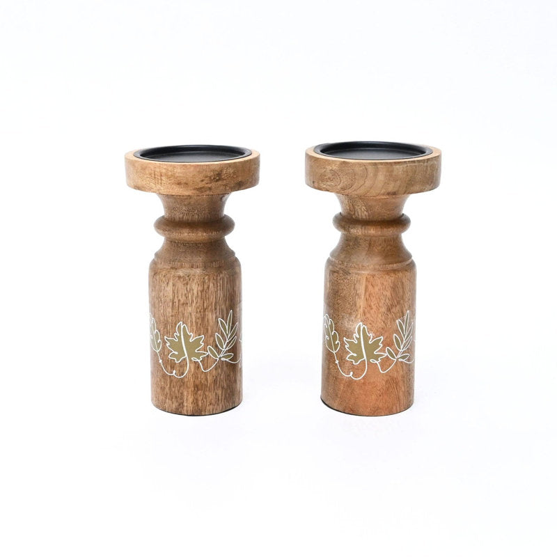 Wooden Pillar Candle Holder Set of 2 |  Mango Wood Candle Stands with Iron Plate | Rustic Farmhouse Decorative Candle Holders for Dining Table | Living Room & Home DÃ©cor | 4x4x8"