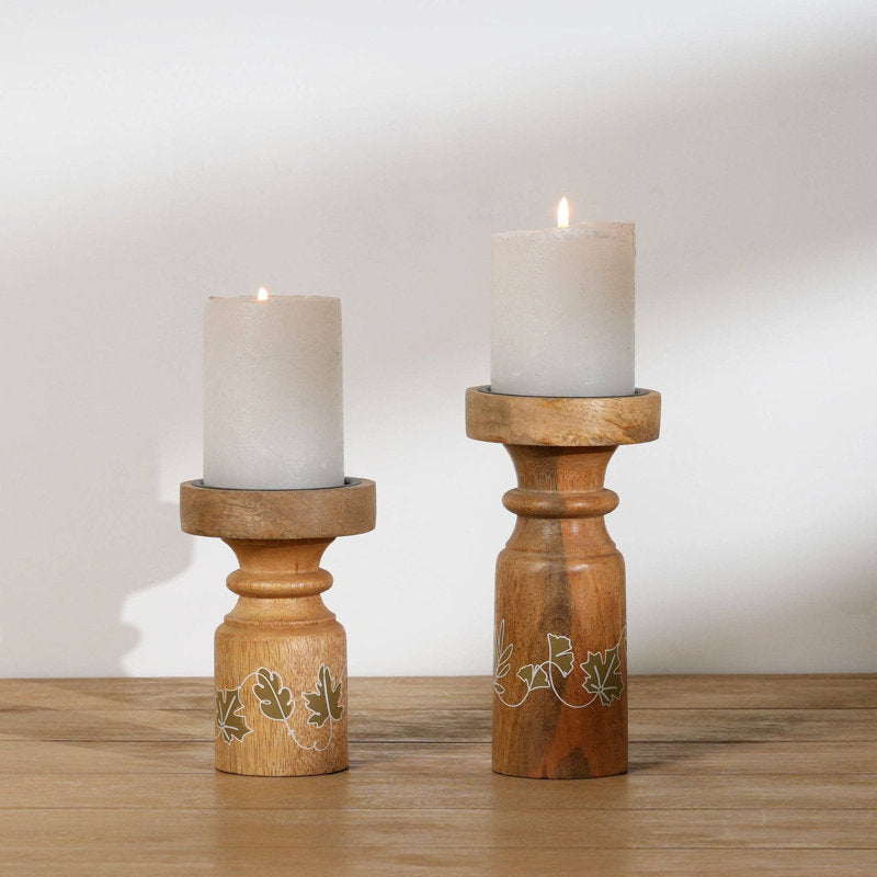 Wooden Pillar Candle Holder Set of 2 |  Mango Wood Candle Stands with Iron Plate | Rustic Farmhouse Decorative Candle Holders for Dining Table | Living Room & Home DÃ©cor | 4x4x8"