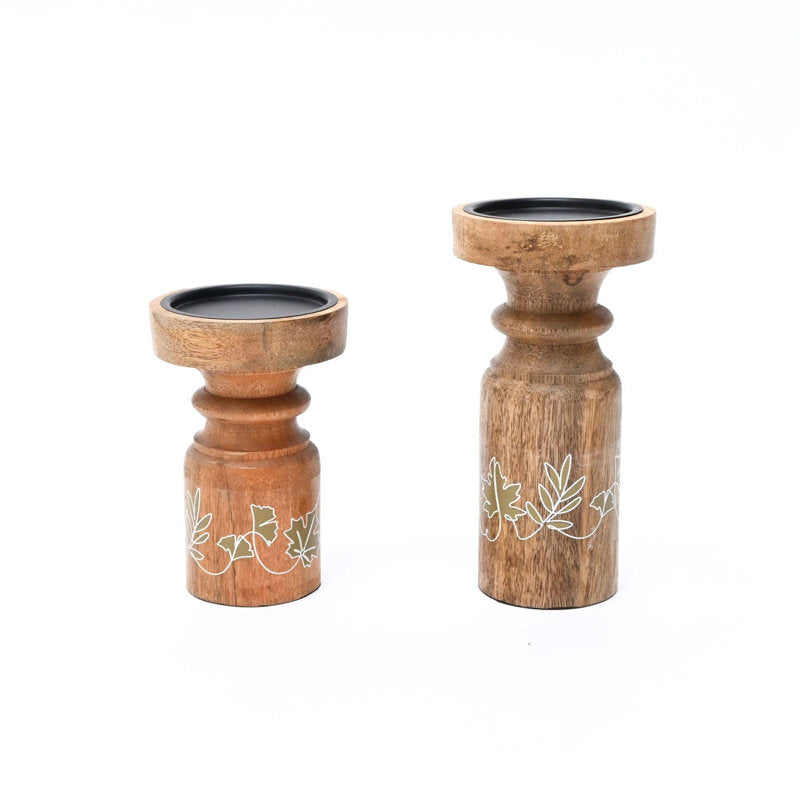 Wooden Pillar Candle Holder Set of 2 |  Mango Wood Candle Stands with Iron Plate | Rustic Farmhouse Decorative Candle Holders for Dining Table | Living Room & Home DÃ©cor | 4x4x8"
