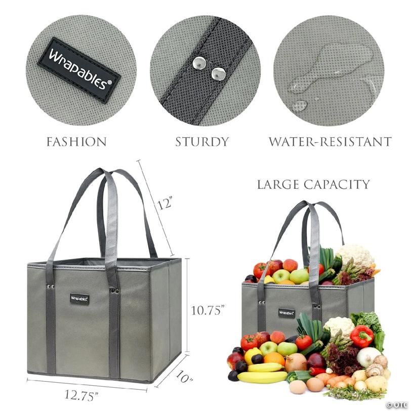 Wrapables 3Pk Heavy Duty Reusable Grocery Bags, Gray