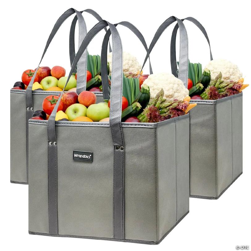Wrapables 3Pk Heavy Duty Reusable Grocery Bags, Gray