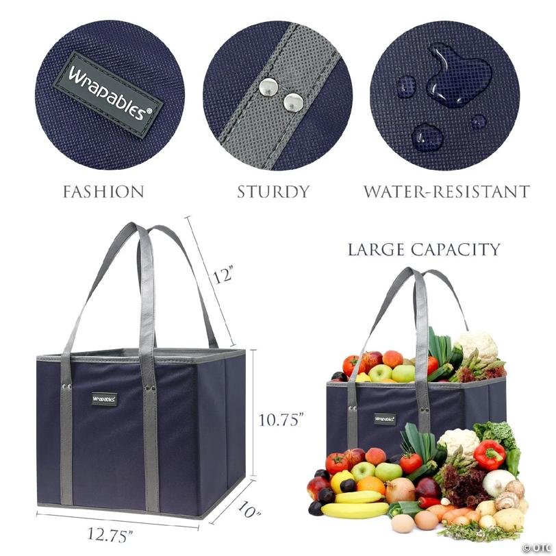 Wrapables 3Pk Heavy Duty Reusable Grocery Bags, Navy
