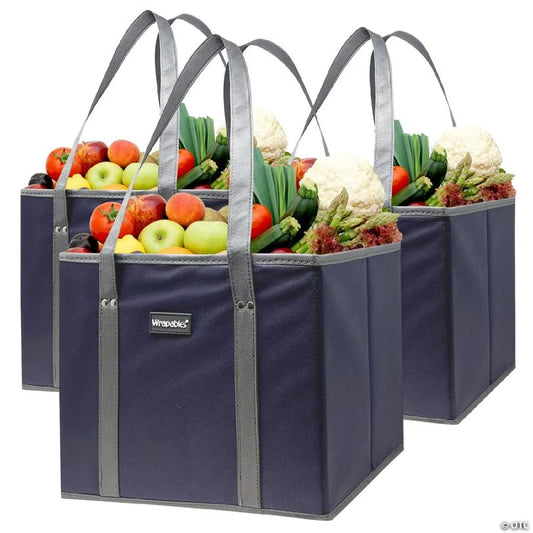Wrapables 3Pk Heavy Duty Reusable Grocery Bags, Navy