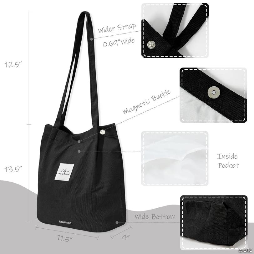 Wrapables Carry Joy Corduroy Tote Bag, Casual Shoulder Handbag, Black