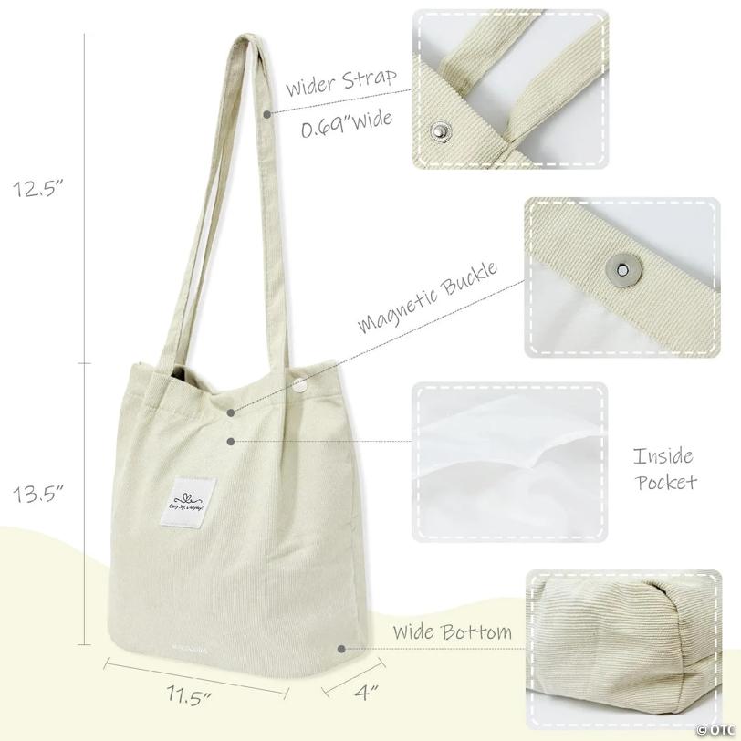 Wrapables Carry Joy Corduroy Tote Bag, Casual Shoulder Handbag, Cream