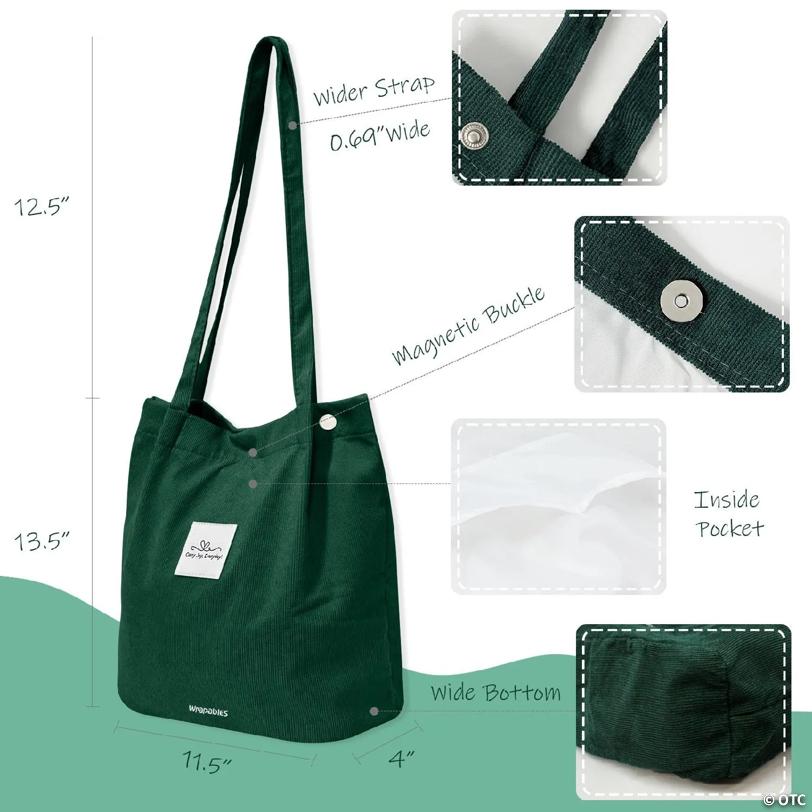 Wrapables Carry Joy Corduroy Tote Bag, Casual Shoulder Handbag, Forest Greeen