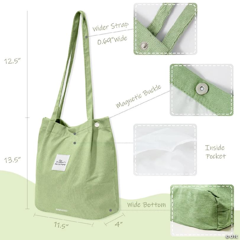 Wrapables Carry Joy Corduroy Tote Bag, Casual Shoulder Handbag, Light Green