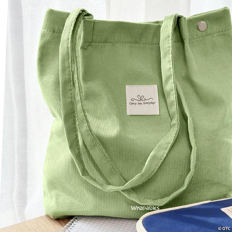 Wrapables Carry Joy Corduroy Tote Bag, Casual Shoulder Handbag, Light Green