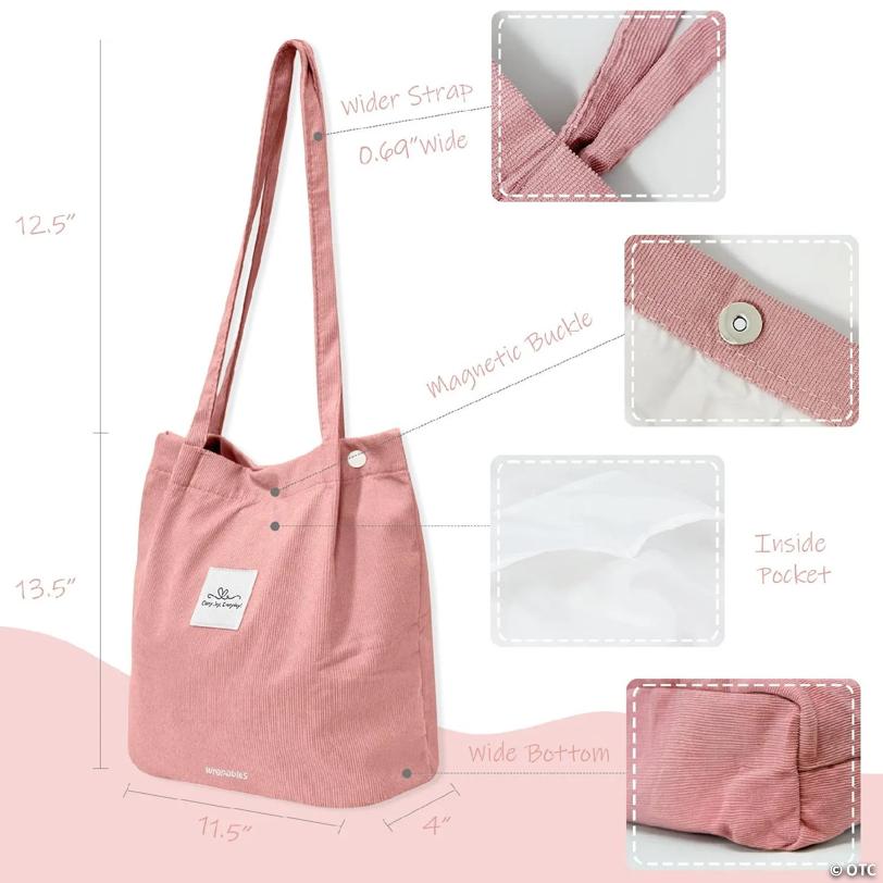 Wrapables Carry Joy Corduroy Tote Bag, Casual Shoulder Handbag, Light Pink