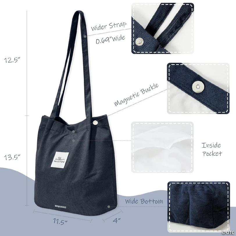 Wrapables Carry Joy Corduroy Tote Bag, Casual Shoulder Handbag, Navy