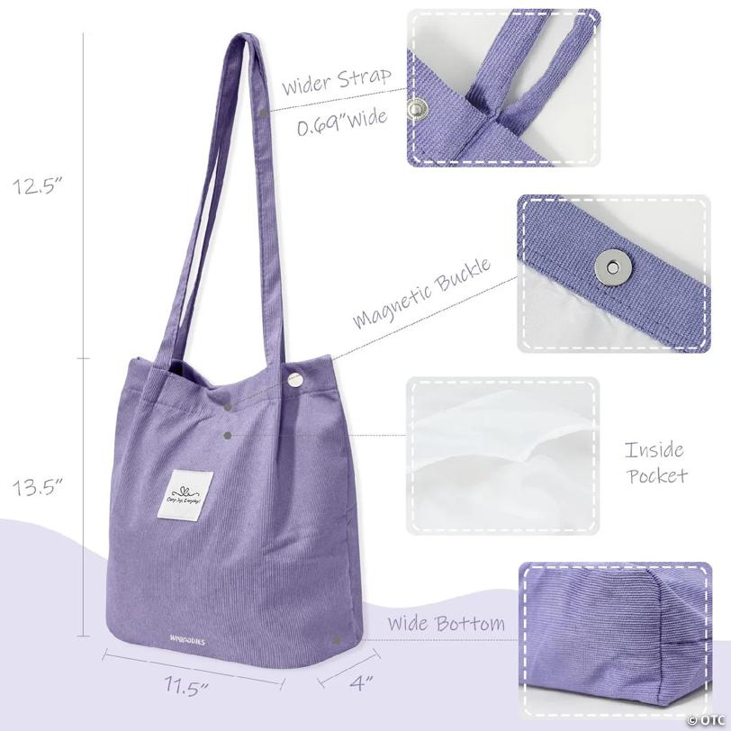 Wrapables Carry Joy Corduroy Tote Bag, Casual Shoulder Handbag, Purple
